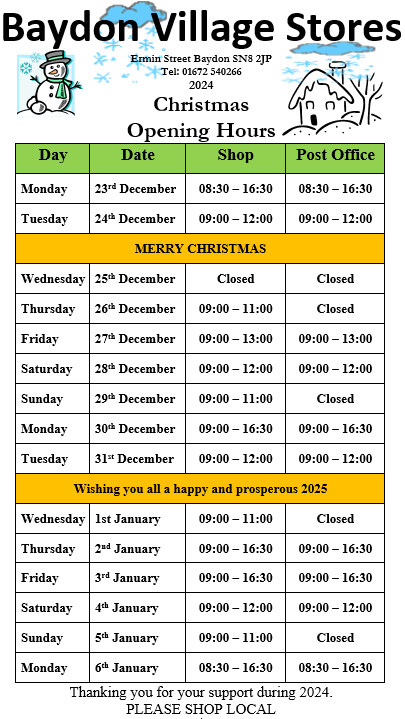 Baydon Store & Post Office opening times